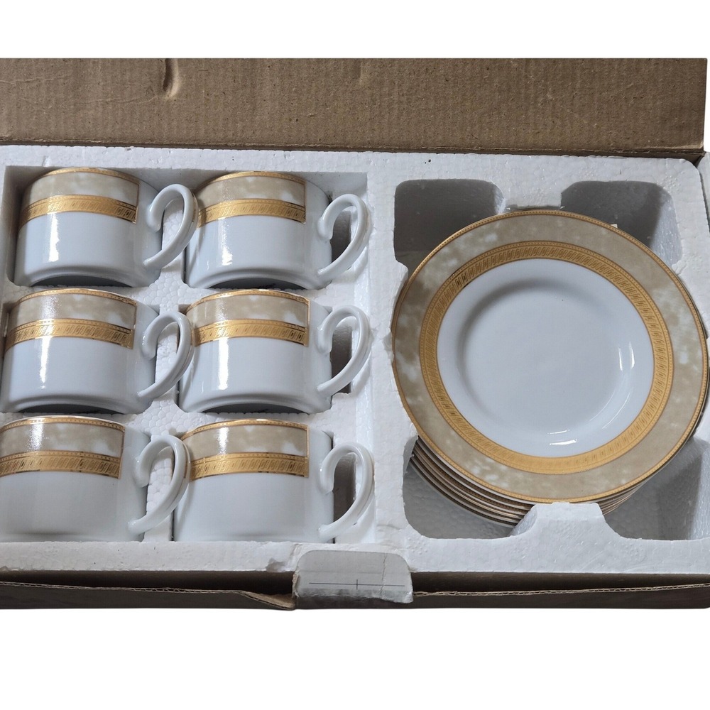 Casa Elite 12 Pc Porcelain Espresso Cup & Saucer Set Italy Gold Trim NIB